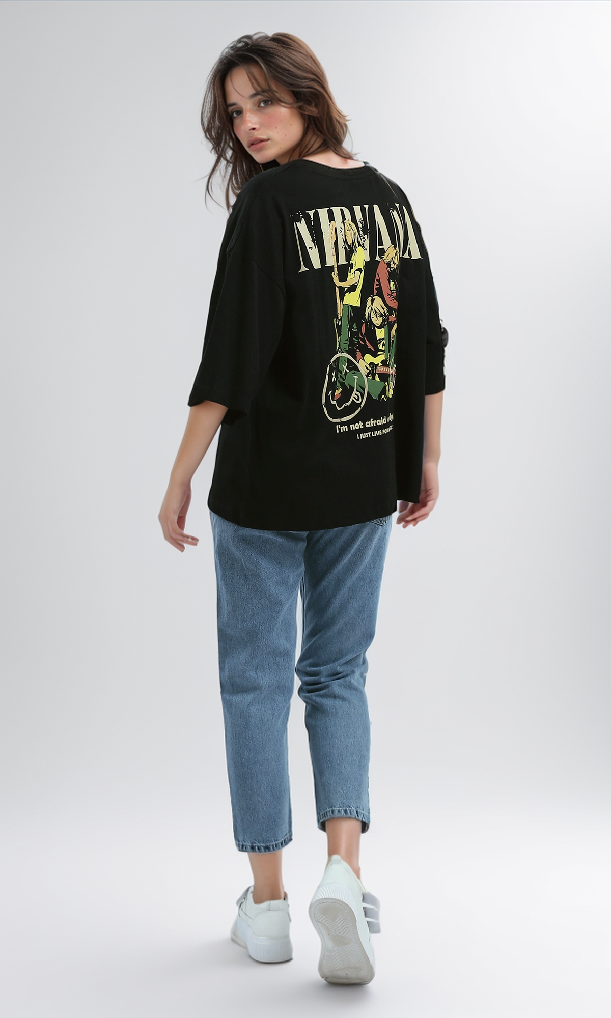 O190933 Slip On Relaxed Fit Printed "Nirvana" Black Tee