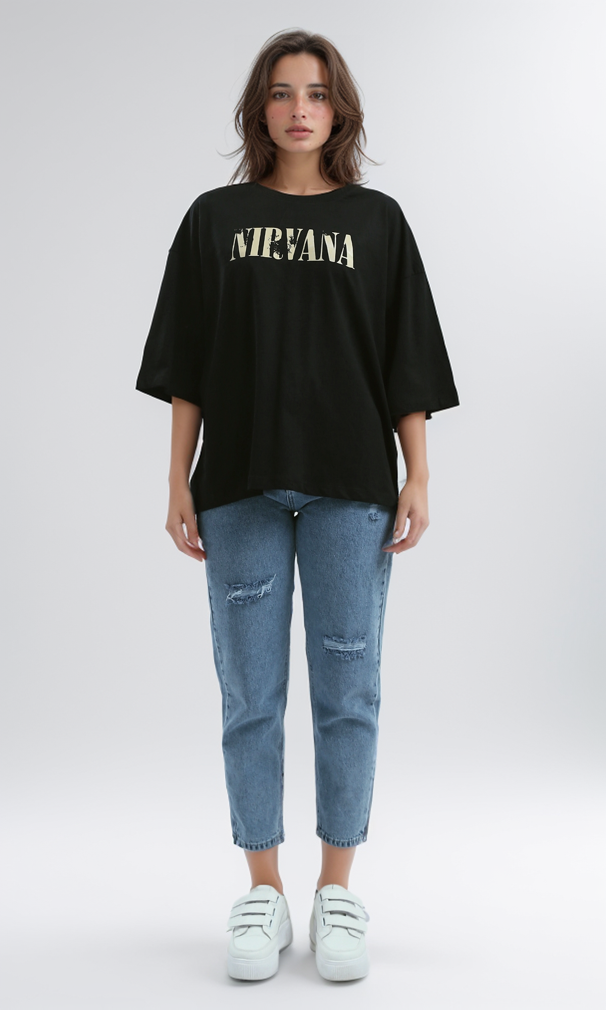 O190933 Slip On Relaxed Fit Printed "Nirvana" Black Tee