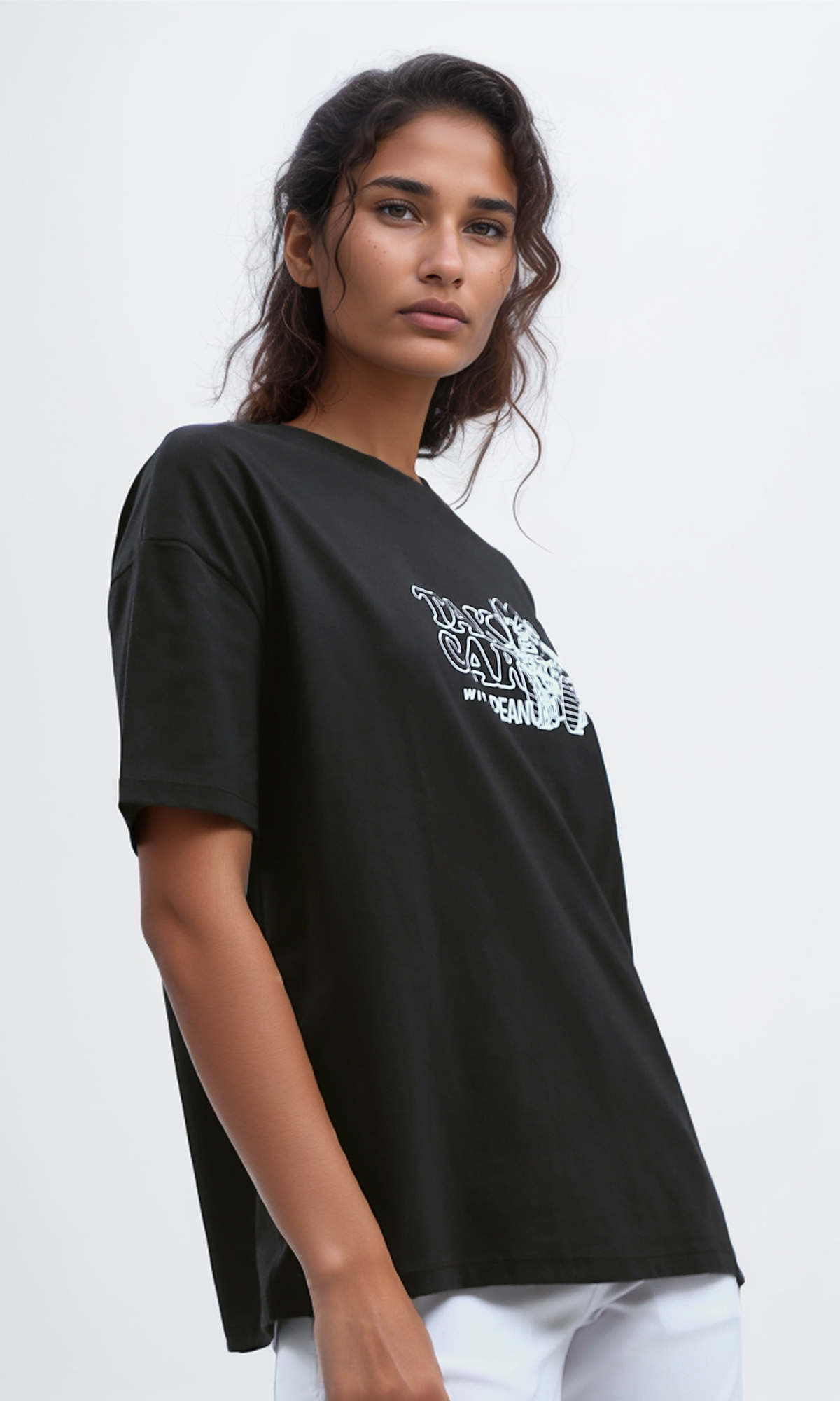 O190937 Black Printed Cotton Tee With Elbow-Sleeves