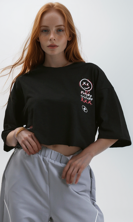 O190939 Printed "Future Culture" Heather Dark Black Elbow Tee