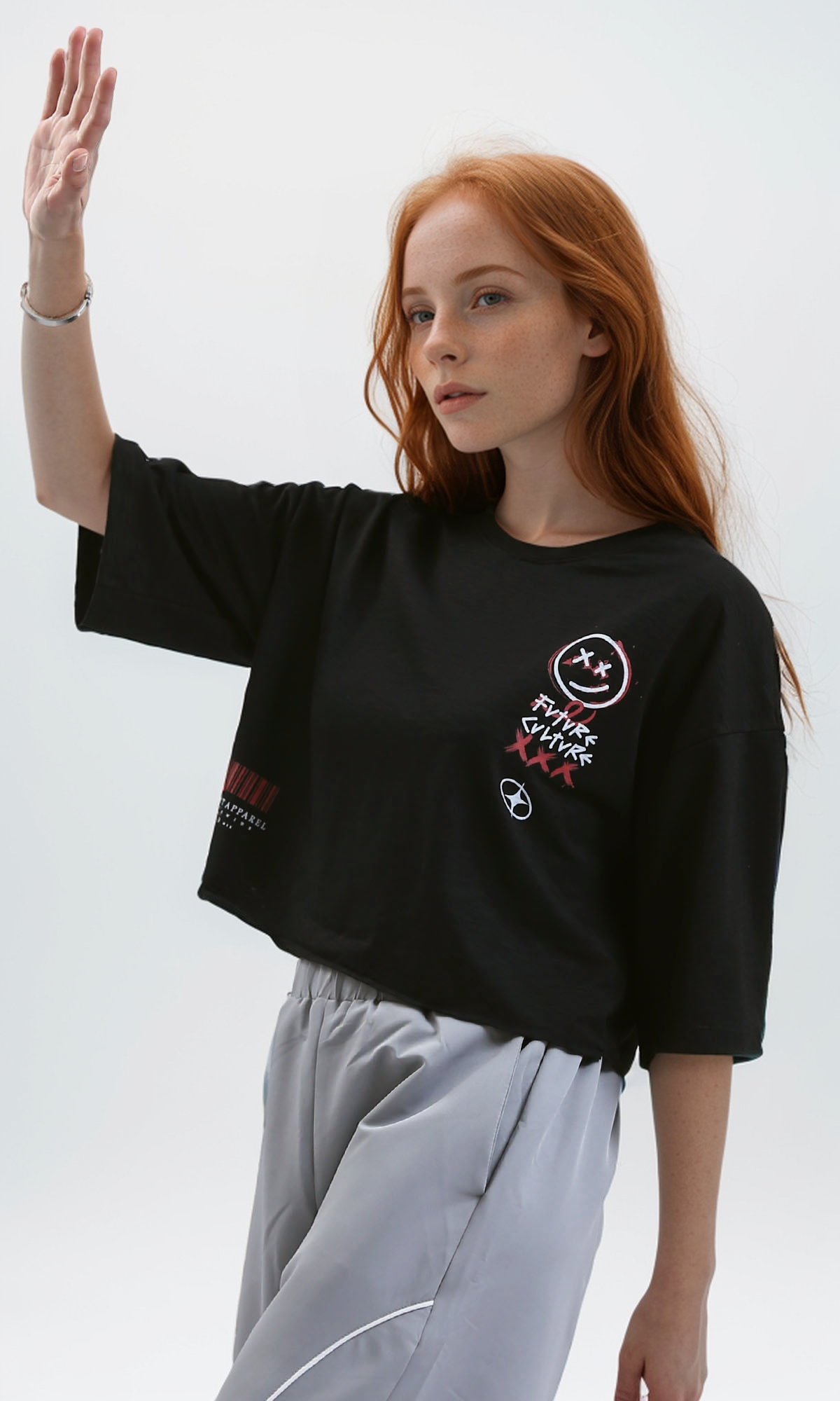 O190939 Printed "Future Culture" Heather Dark Black Elbow Tee