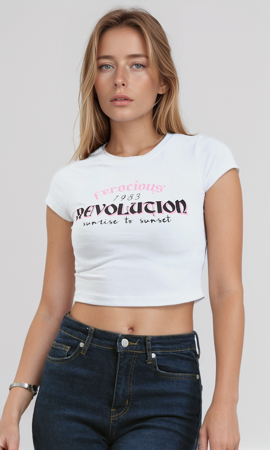 O191022 "Revolution" White Slip On Cropped Tee