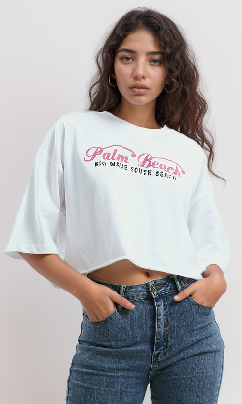 تي شيرت قطن بأكمام للكوع مطبوع "Palm Beach"