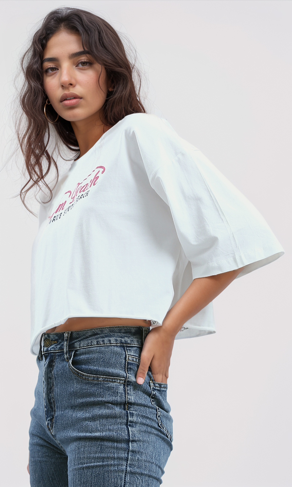 O191024 Printed "Palm Beach" Slip On Cotton Elbow-Sleeves Tee