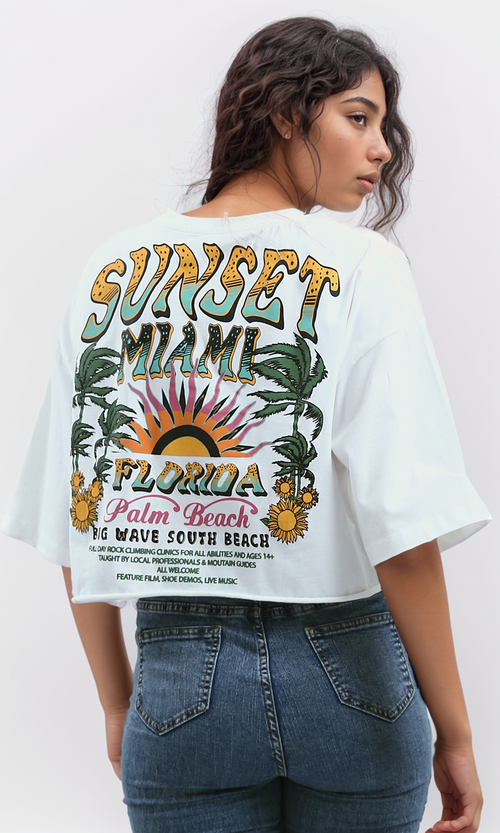 تي شيرت قطن بأكمام للكوع مطبوع "Palm Beach"