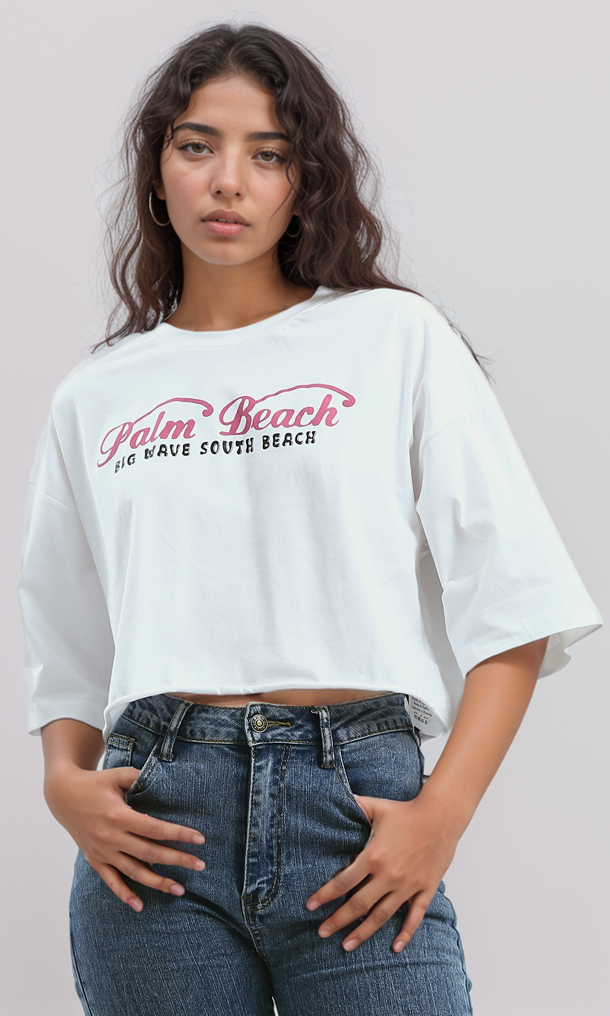 O191024 Printed "Palm Beach" Slip On Cotton Elbow-Sleeves Tee