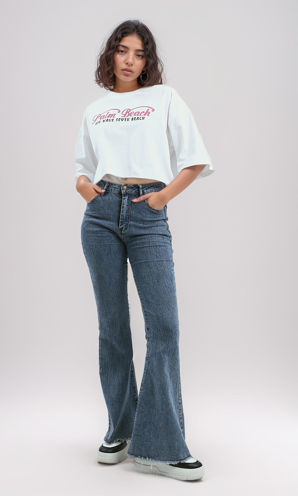 O191024 Printed "Palm Beach" Slip On Cotton Elbow-Sleeves Tee