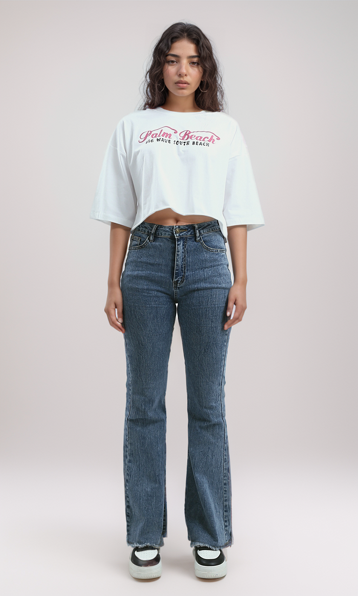 O191024 Printed "Palm Beach" Slip On Cotton Elbow-Sleeves Tee
