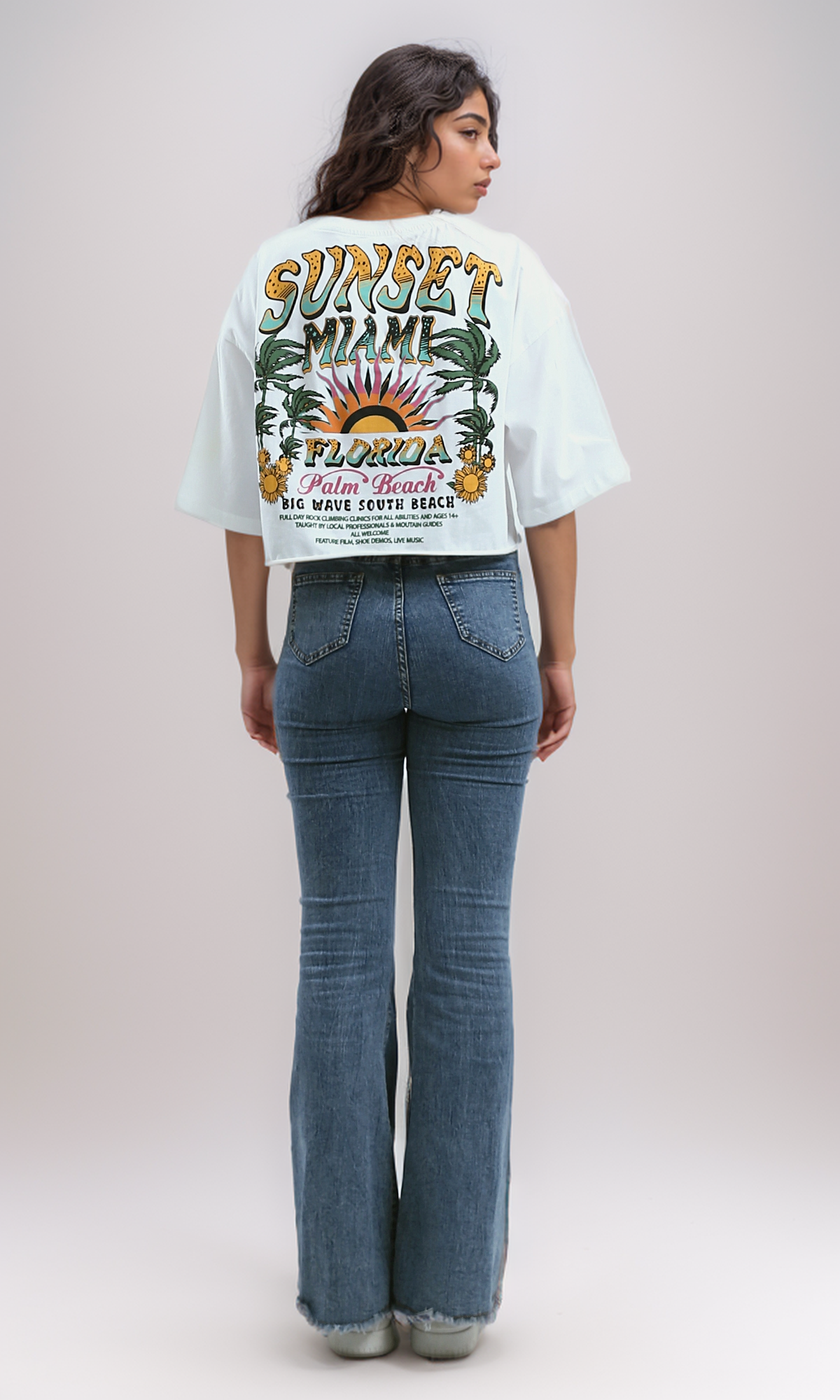 O191024 Printed "Palm Beach" Slip On Cotton Elbow-Sleeves Tee