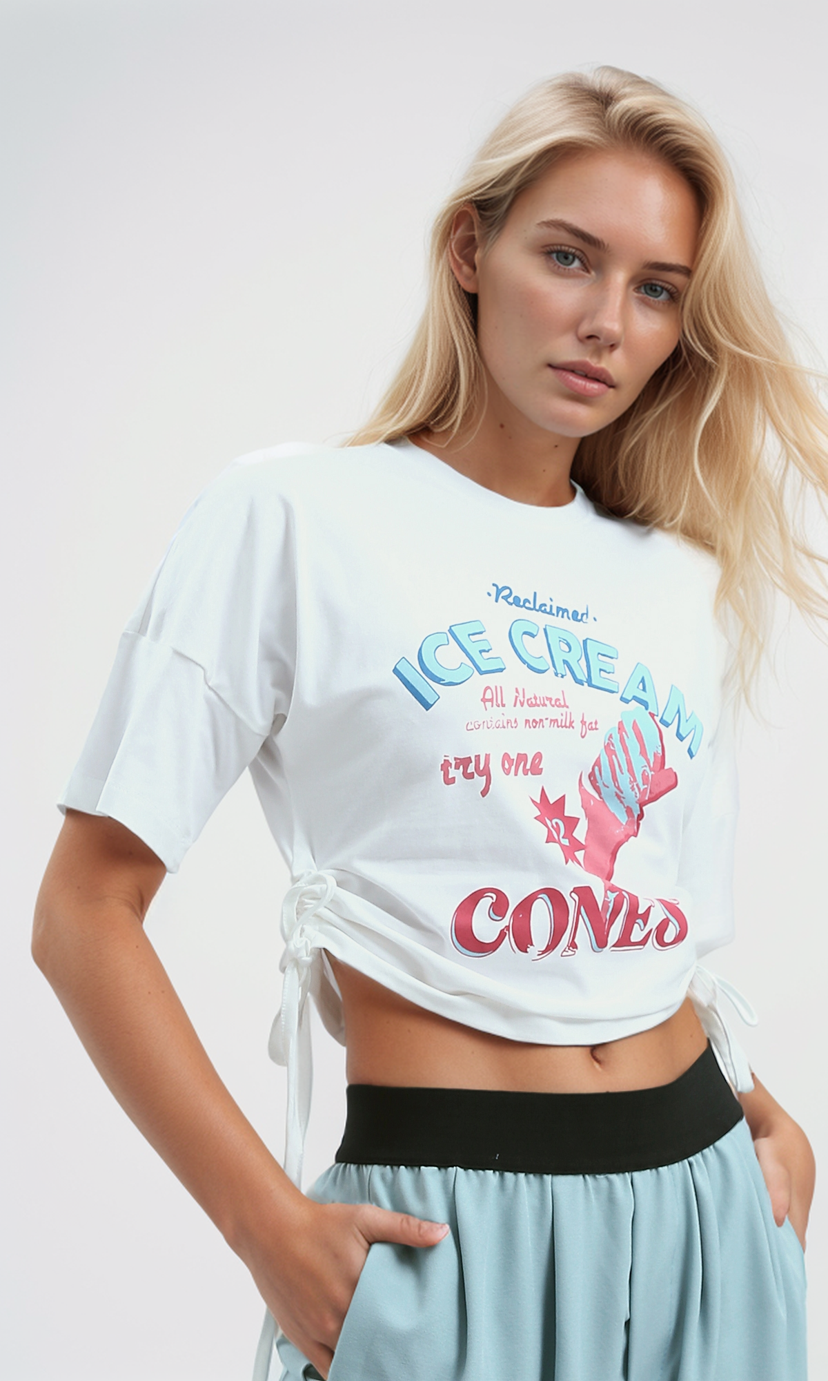 O191026 Printed Elbow-Sleeves White Summer Short Tee