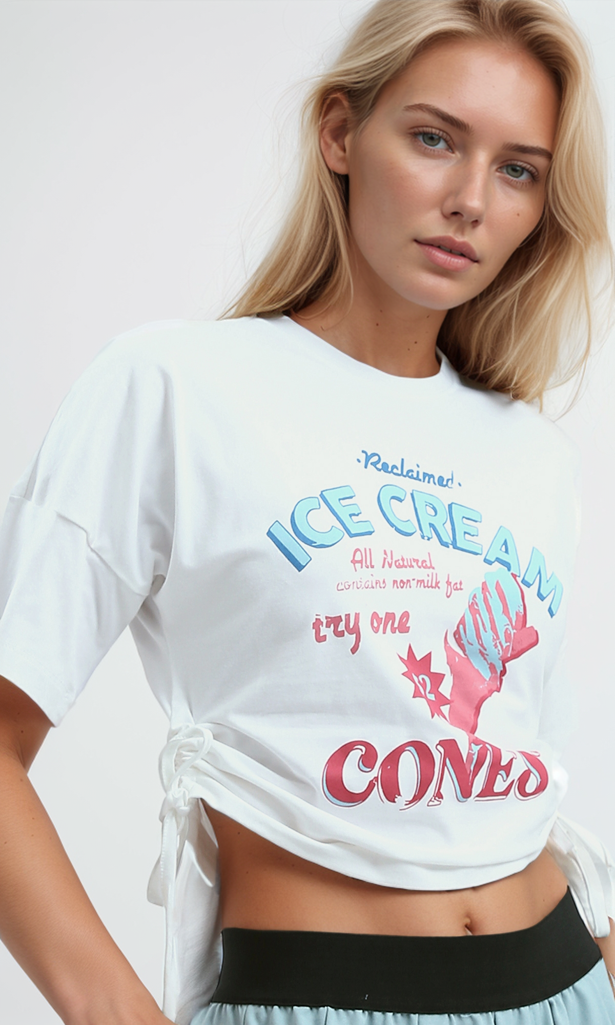 O191026 Printed Elbow-Sleeves White Summer Short Tee