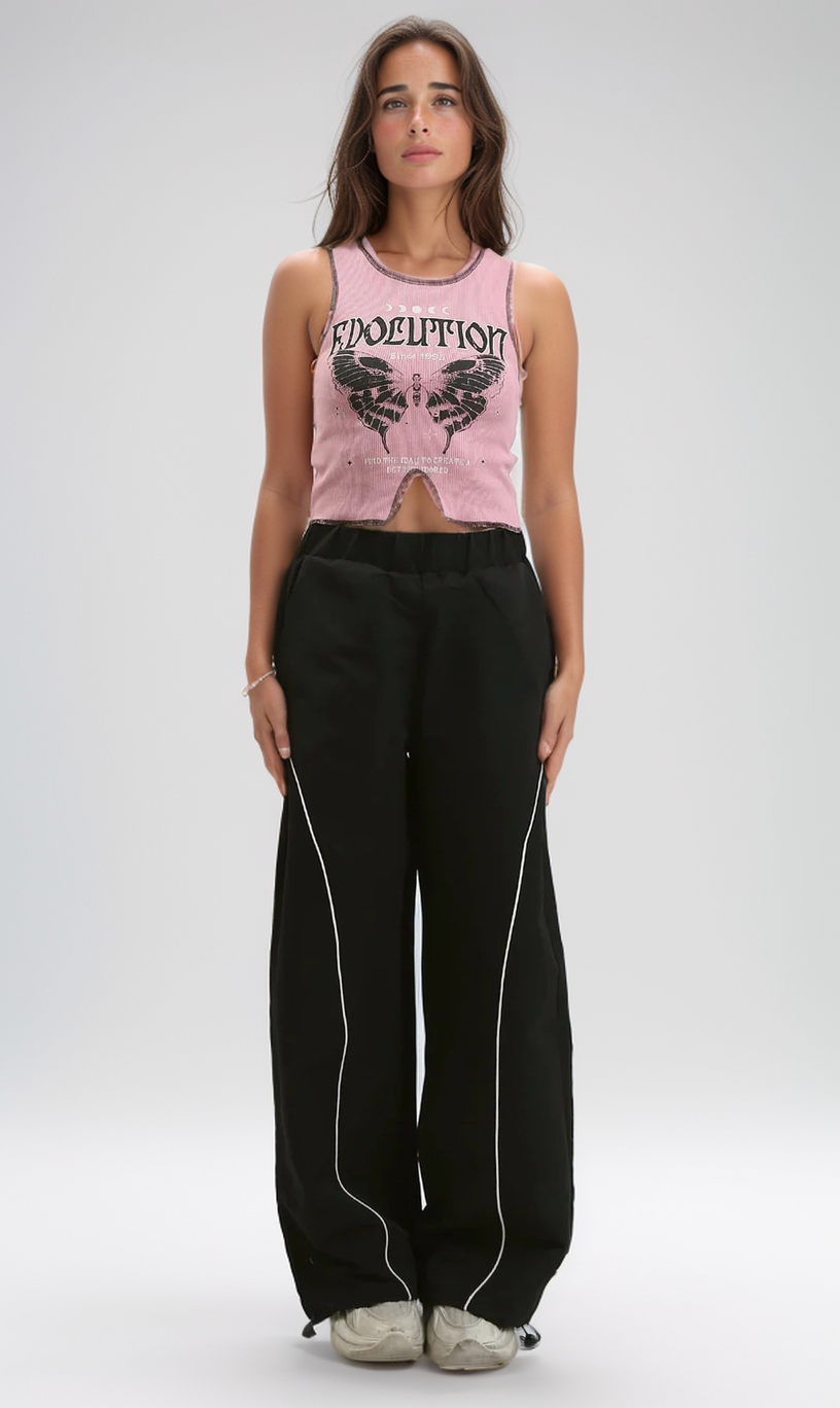 O191032 Printed Butterfly Rose Ribbed Short Top