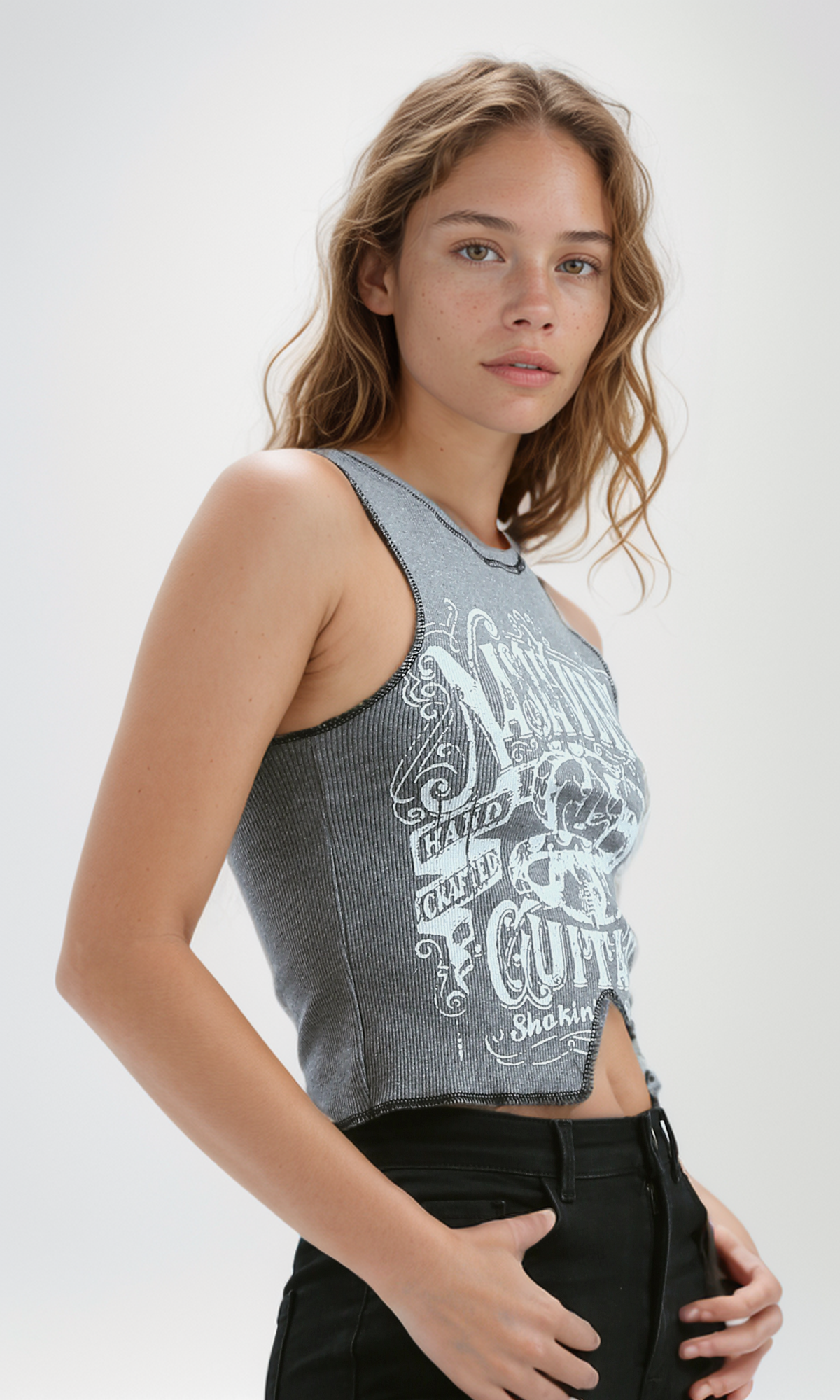 O191033 Sleeveless Stitched Tee With Front Print -Heather Dark Grey