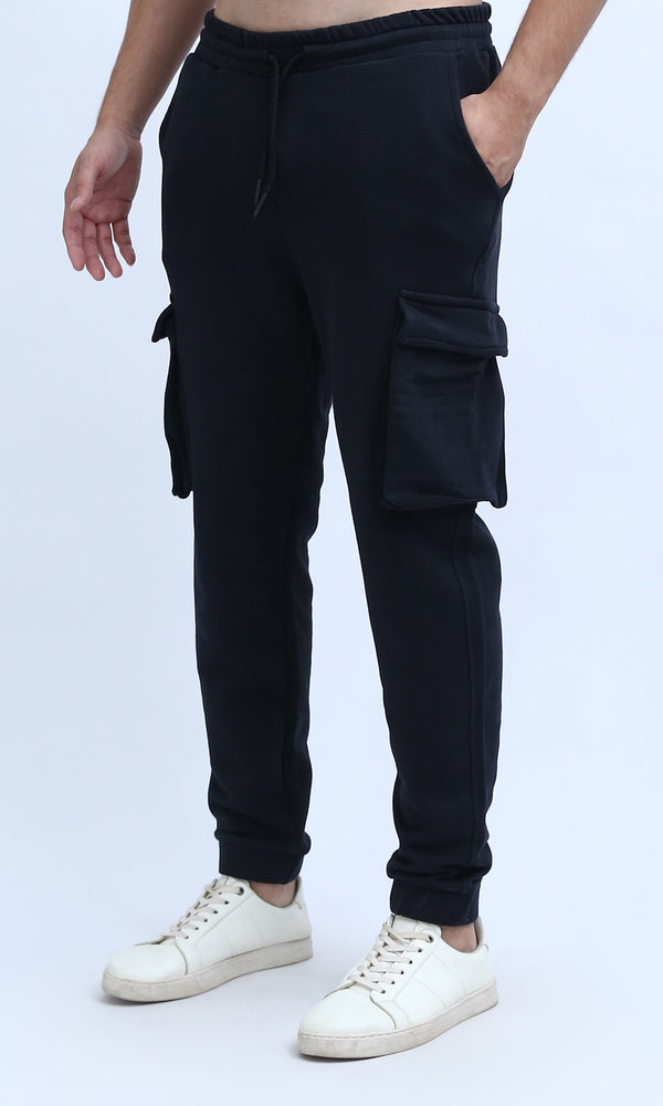O191039 Slip On Black Cargo Pants With Elastic Waist