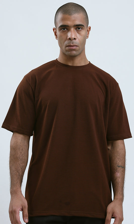O191174 Dark Brown Solid Cotton Tee With Elbow-Sleeves