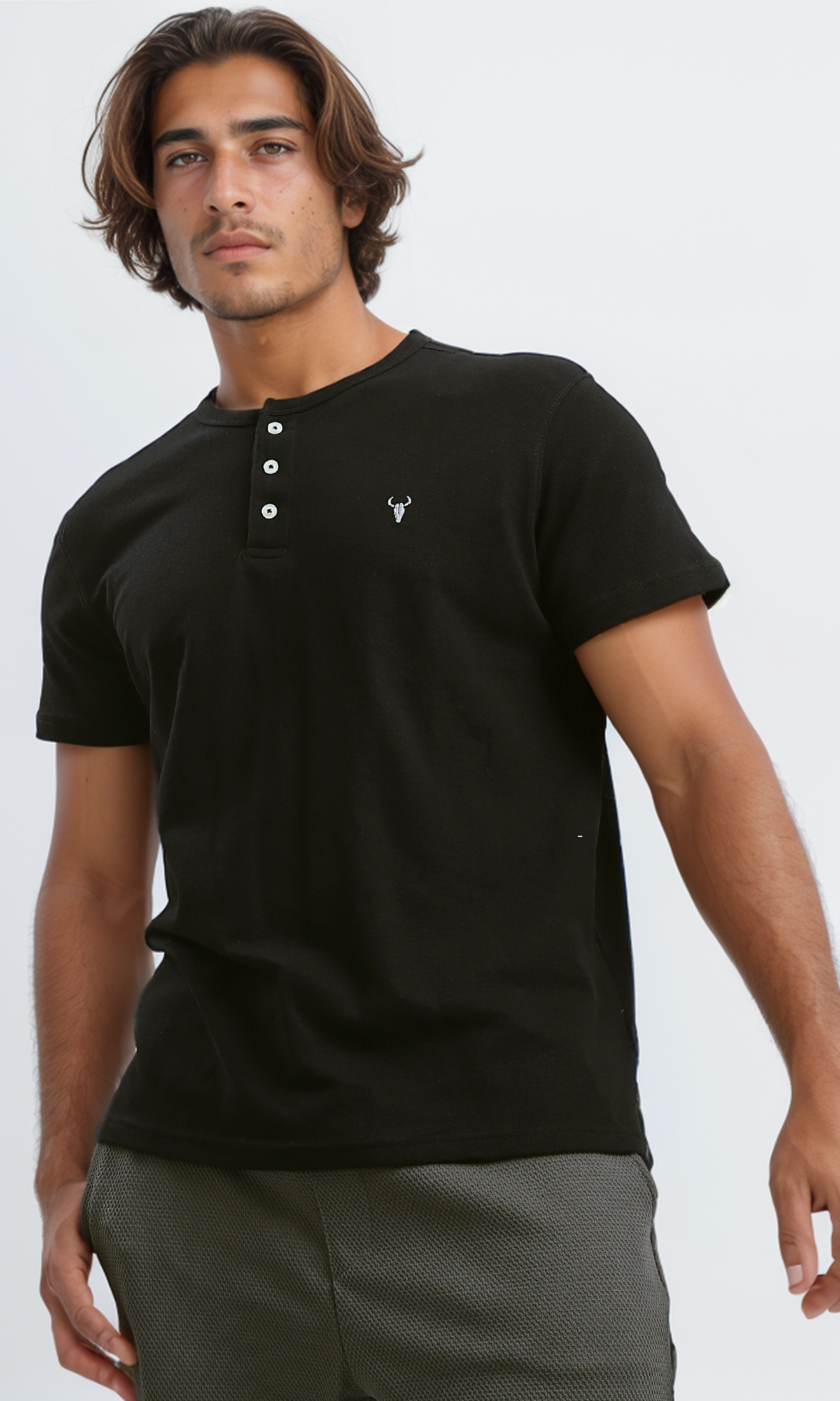 O191177 Slip On Short Sleeves Black Henley Shirt