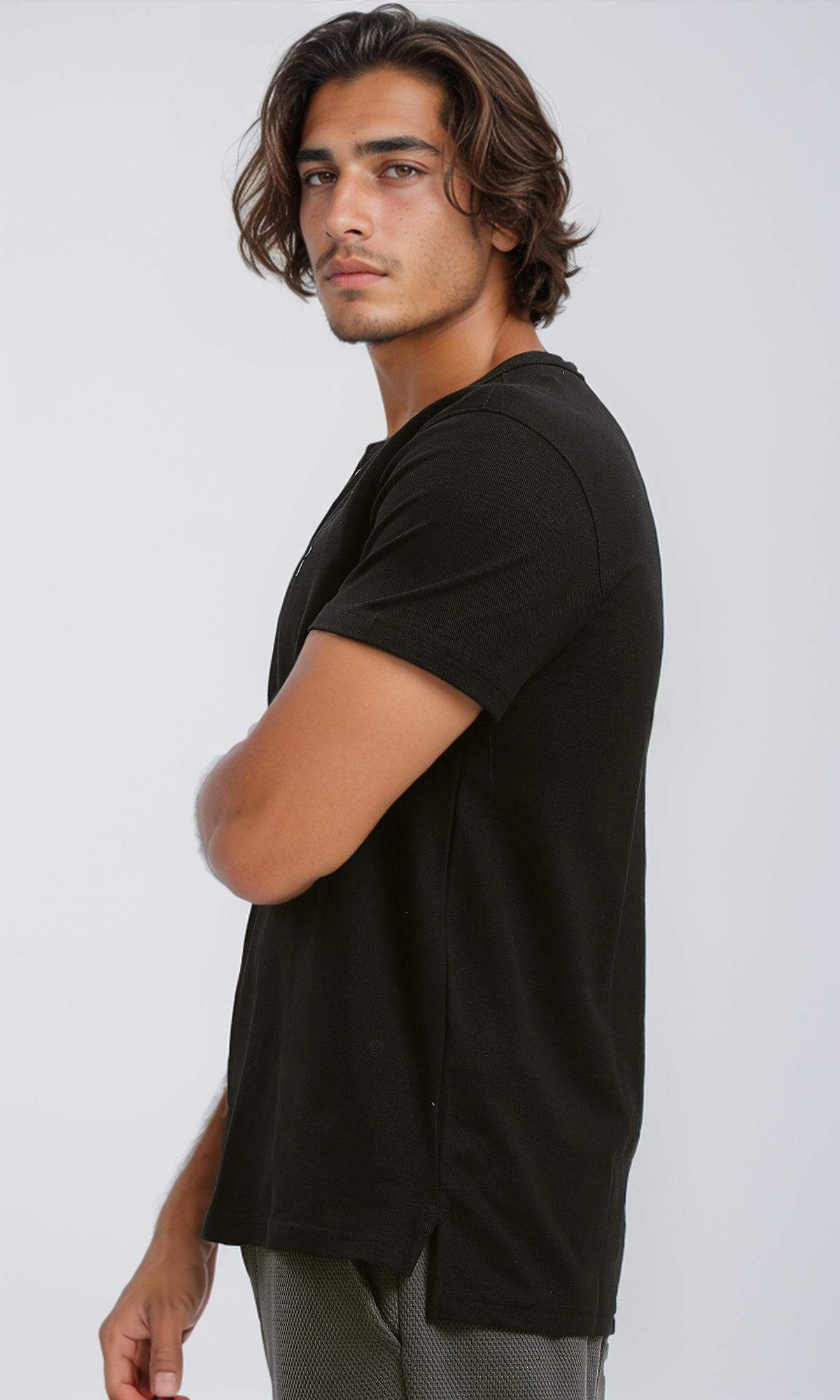 O191177 Slip On Short Sleeves Black Henley Shirt