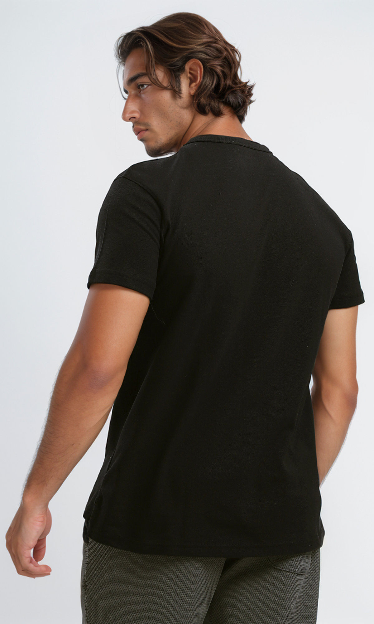 O191177 Slip On Short Sleeves Black Henley Shirt