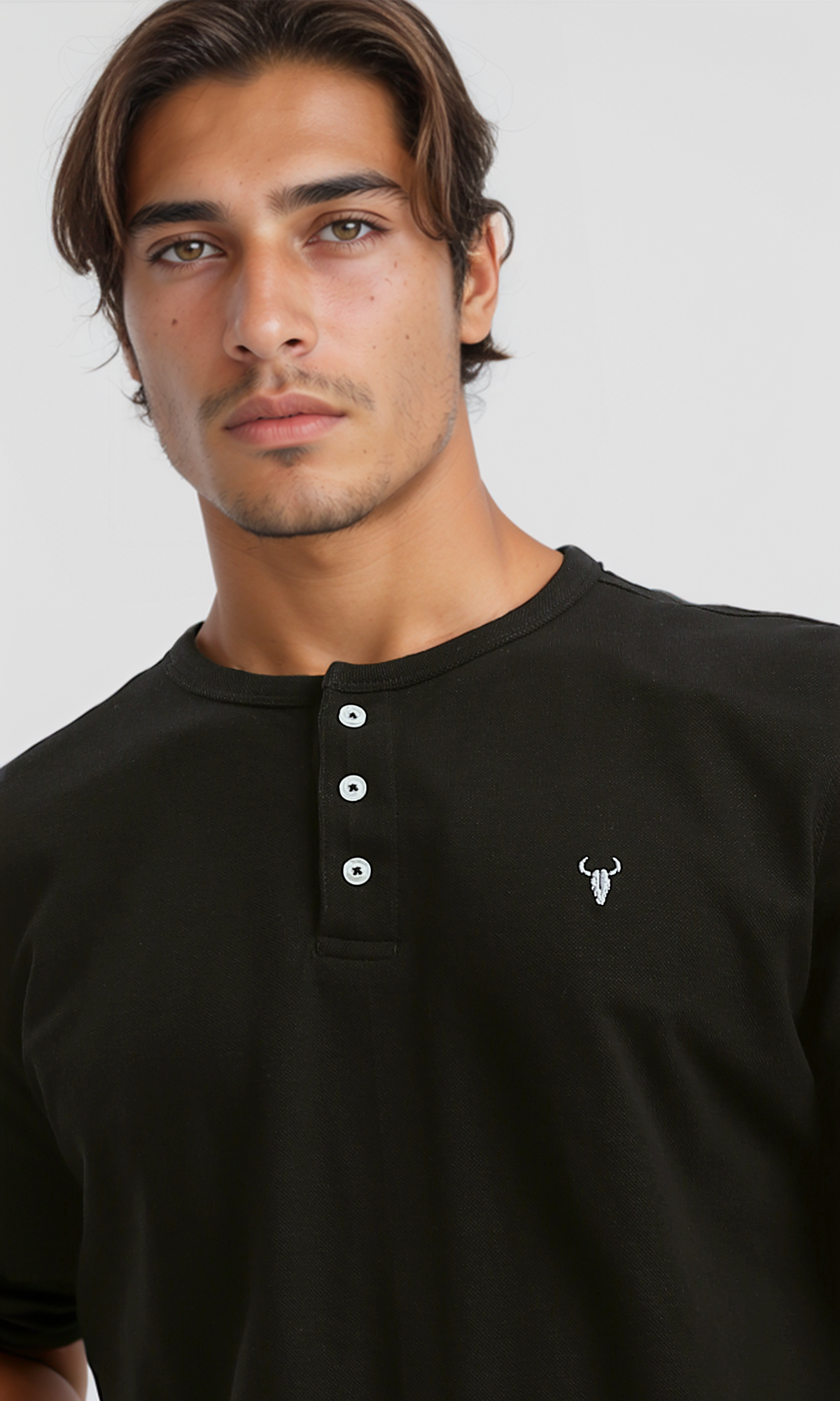 O191177 Slip On Short Sleeves Black Henley Shirt