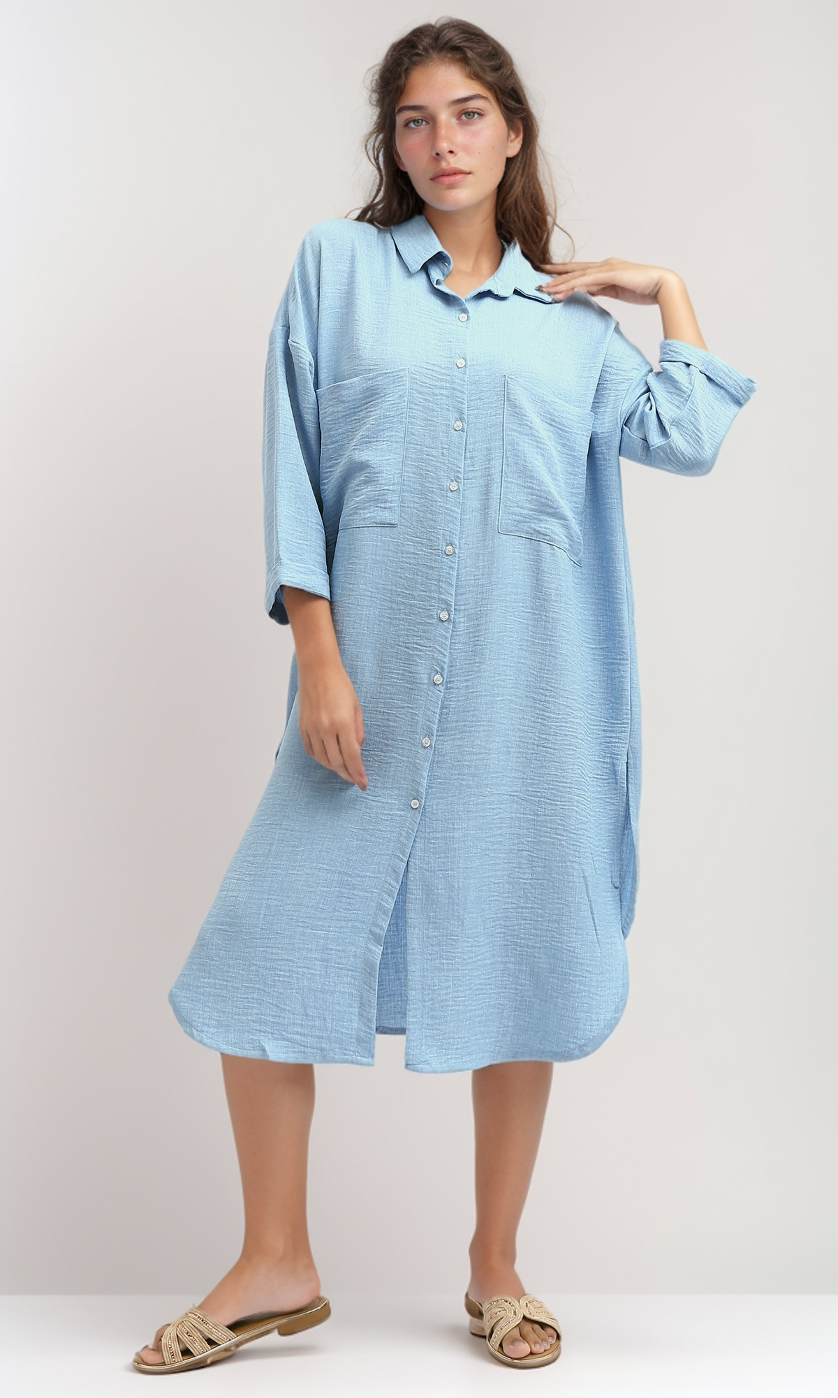 O191179 Sky Blue Textured Shirt Dress With Full Buttons