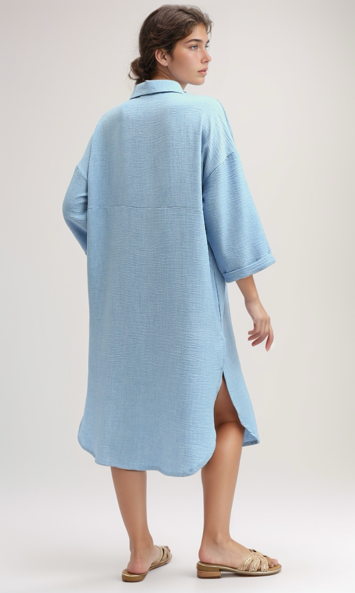 O191179 Sky Blue Textured Shirt Dress With Full Buttons