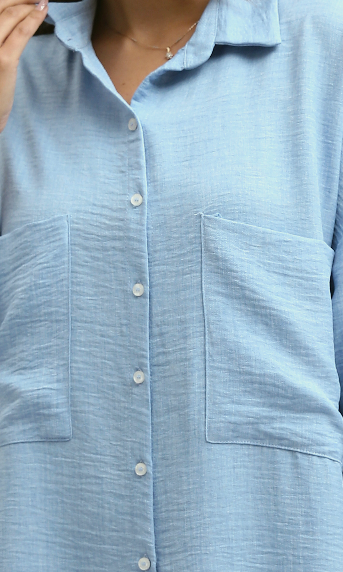 O191179 Sky Blue Textured Shirt Dress With Full Buttons