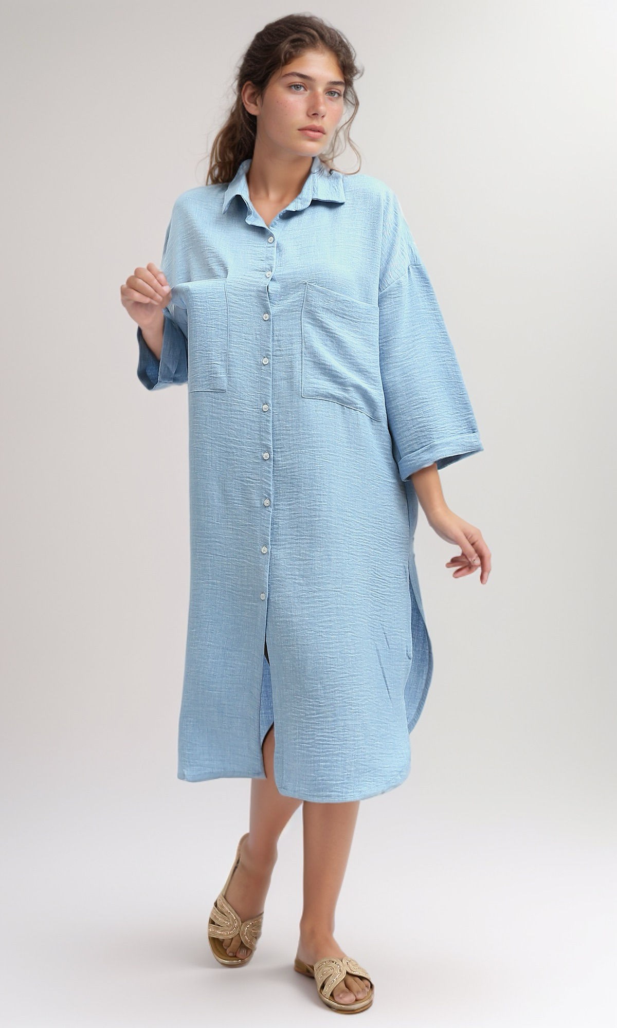 O191179 Sky Blue Textured Shirt Dress With Full Buttons