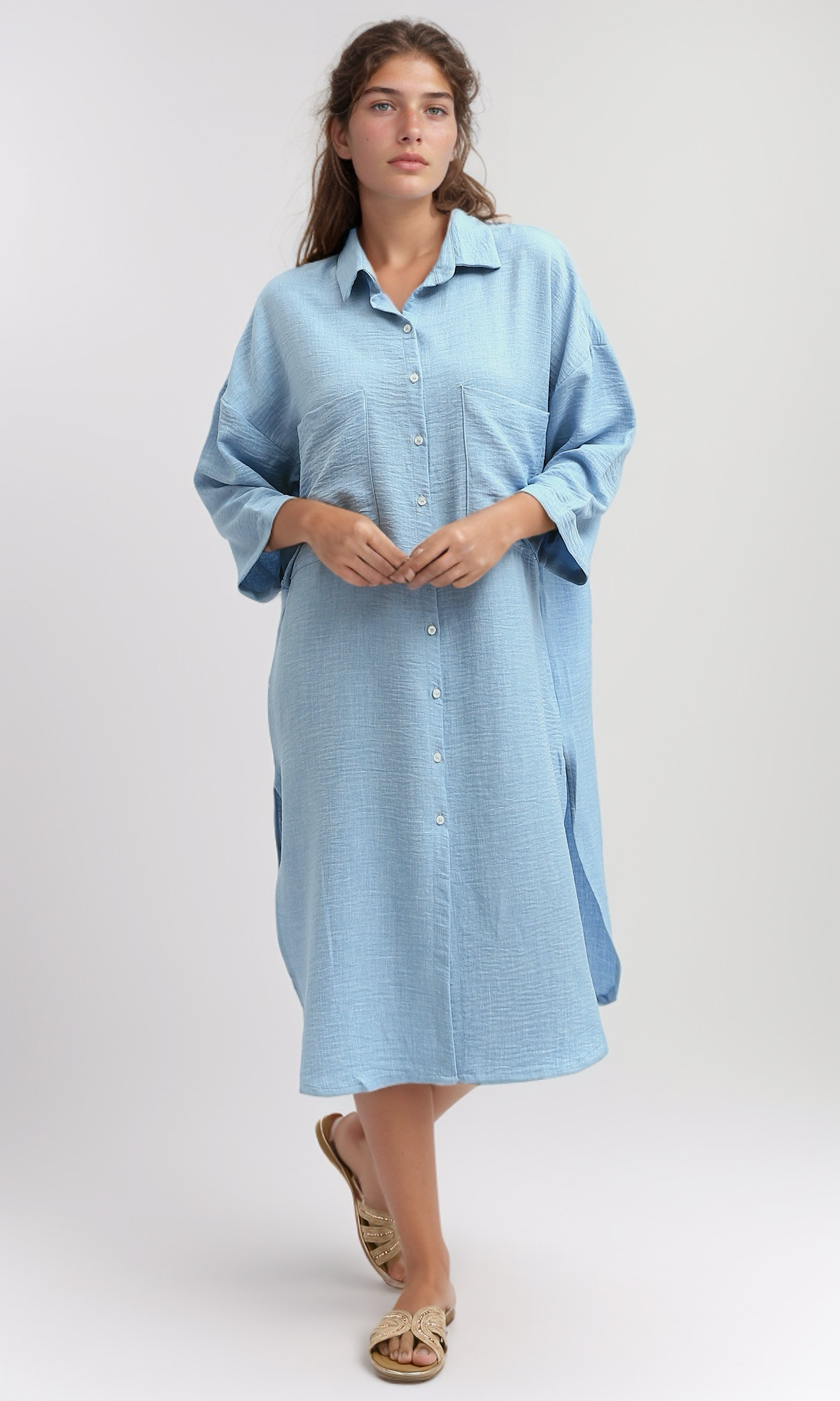 O191179 Sky Blue Textured Shirt Dress With Full Buttons