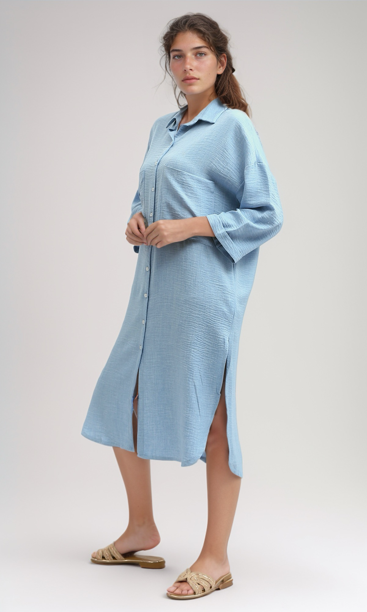 O191179 Sky Blue Textured Shirt Dress With Full Buttons