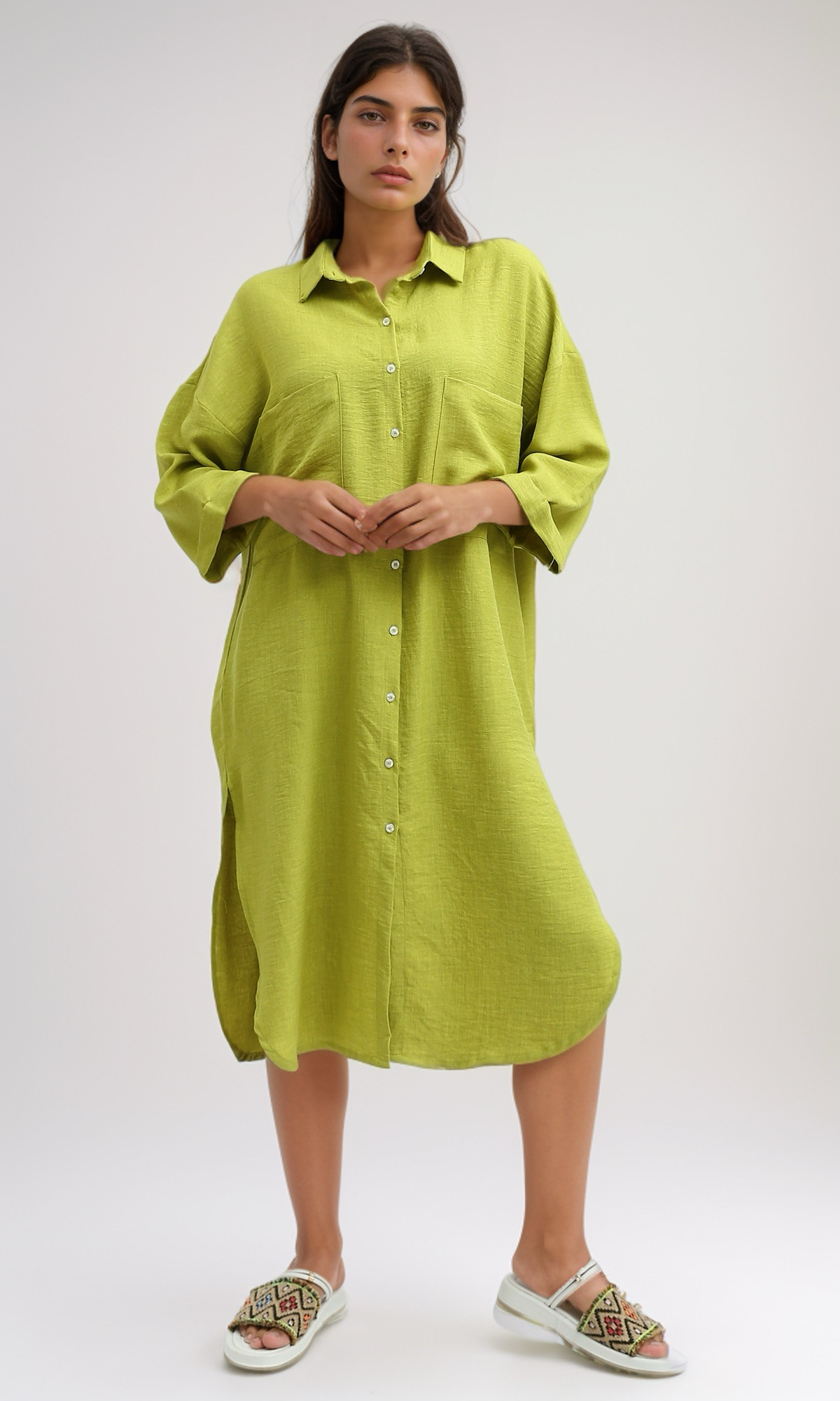 O191180 Textured Shirt Dress With Side Pockets - Light Green