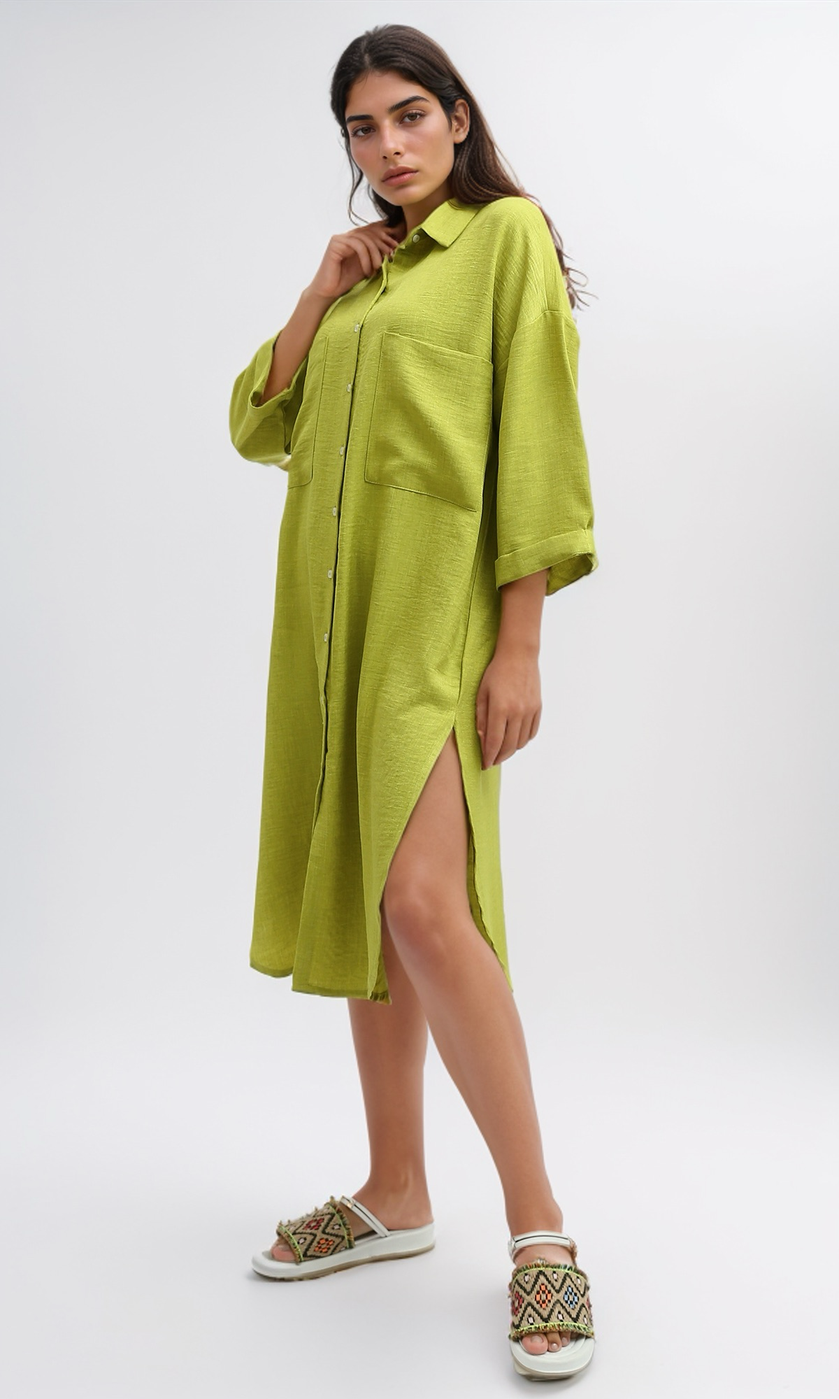 O191180 Textured Shirt Dress With Side Pockets - Light Green