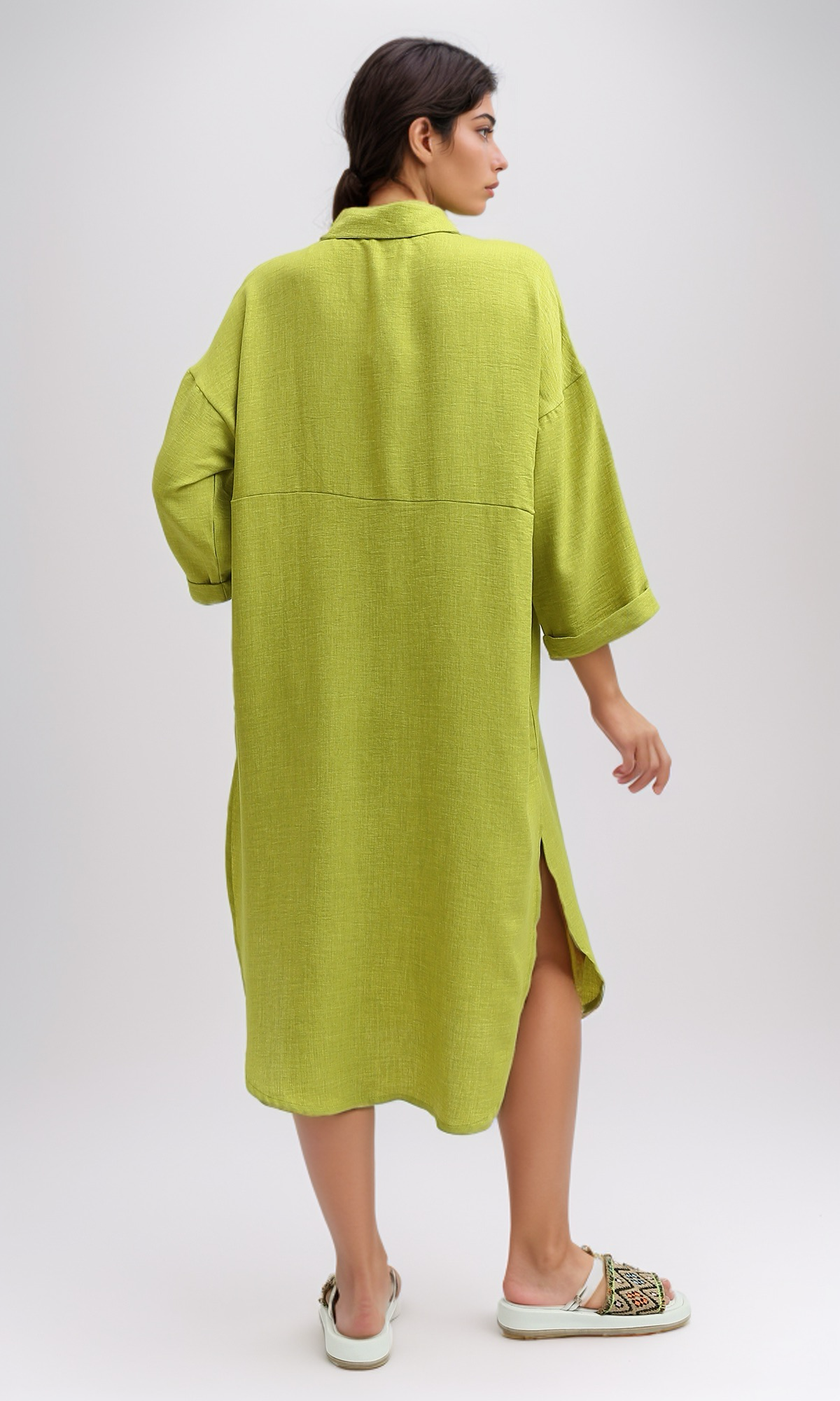 O191180 Textured Shirt Dress With Side Pockets - Light Green