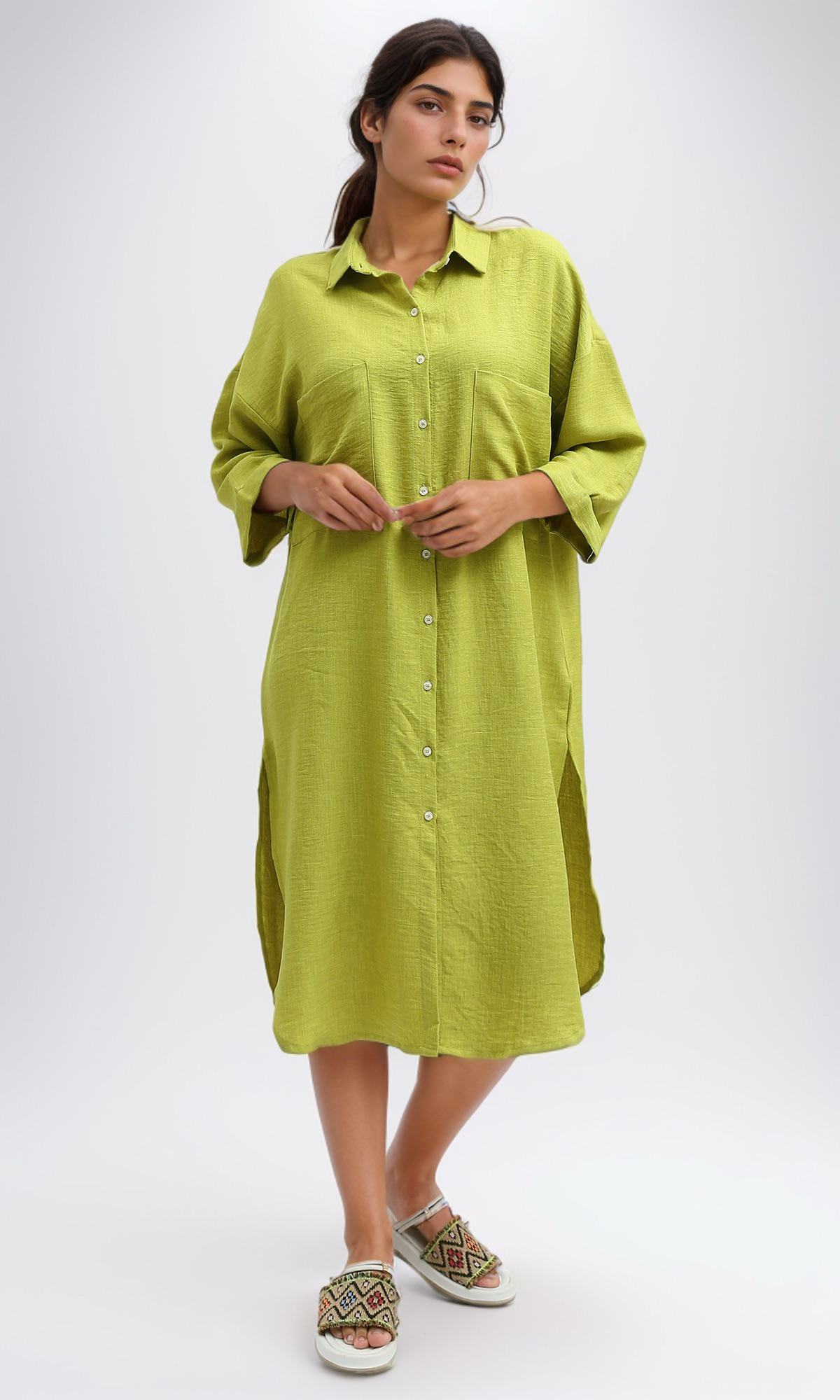 O191180 Textured Shirt Dress With Side Pockets - Light Green