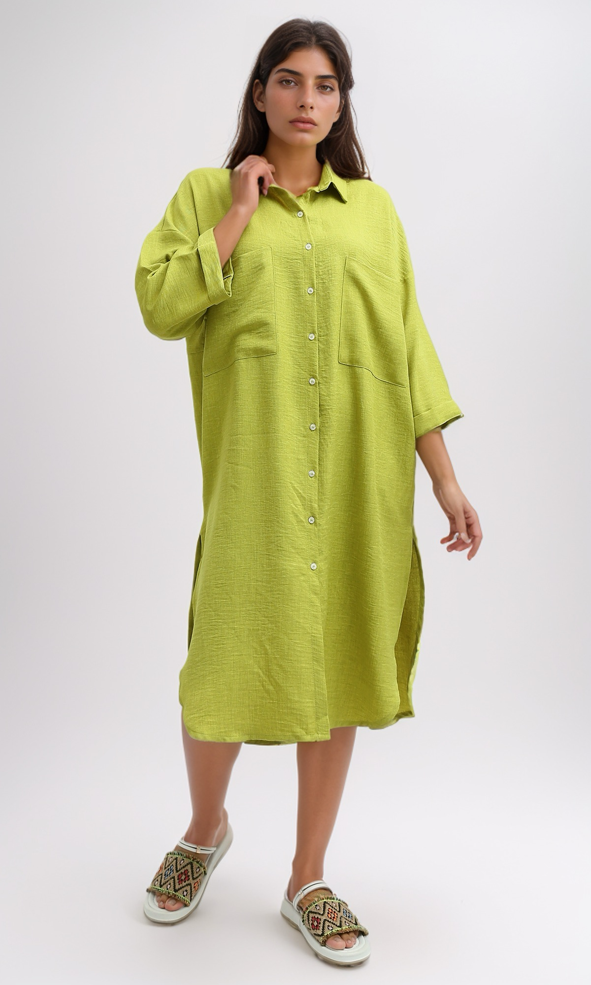 O191180 Textured Shirt Dress With Side Pockets - Light Green