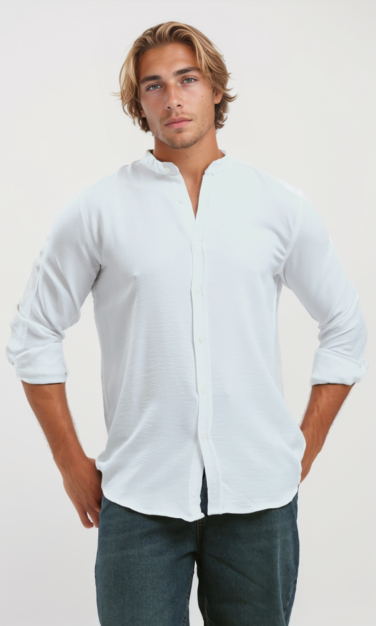 O191186 White Textured Shirt With Mandarin Collar