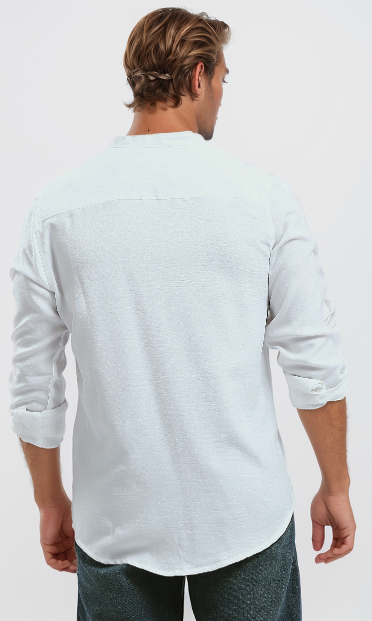 O191186 White Textured Shirt With Mandarin Collar