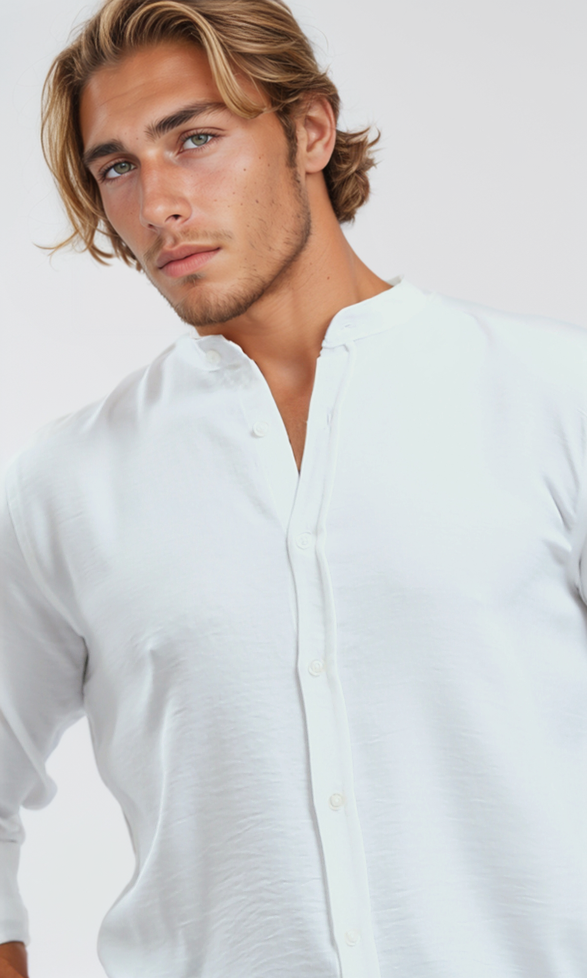 O191186 White Textured Shirt With Mandarin Collar