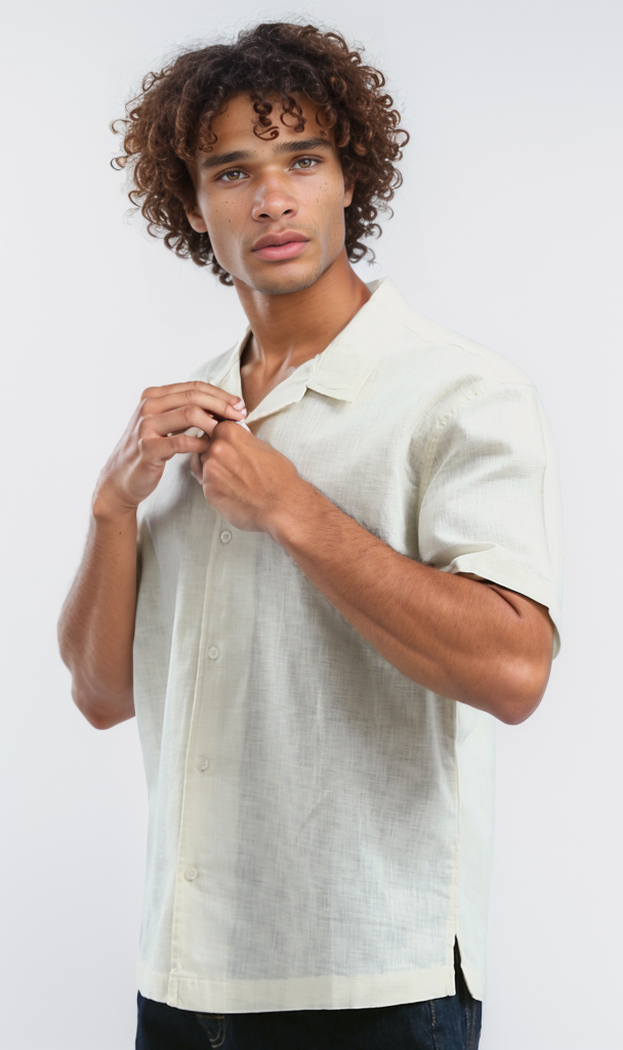 O191215 Beige Short Sleeves Summer Shirt With V Collar