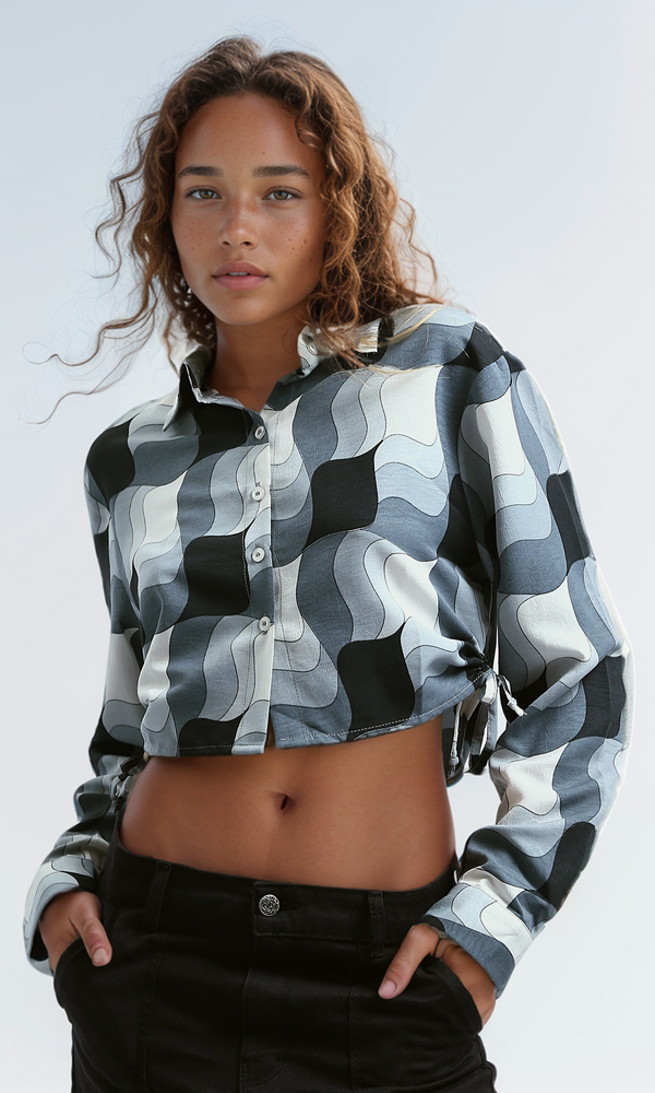 O191216 Side Drawstring Cropped Shirt Long Sleeves - Black & White