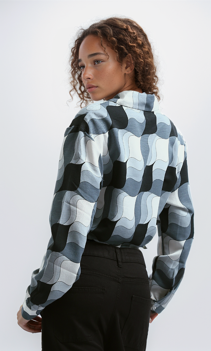 O191216 Side Drawstring Cropped Shirt Long Sleeves - Black & White