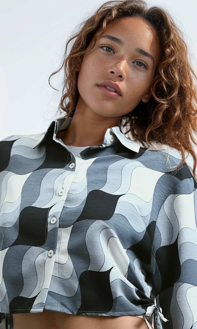 O191216 Side Drawstring Cropped Shirt Long Sleeves - Black & White