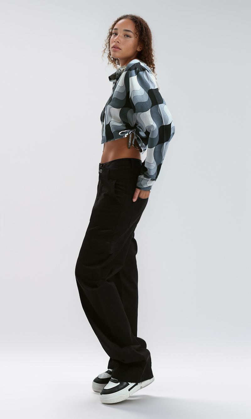 O191216 Side Drawstring Cropped Shirt Long Sleeves - Black & White