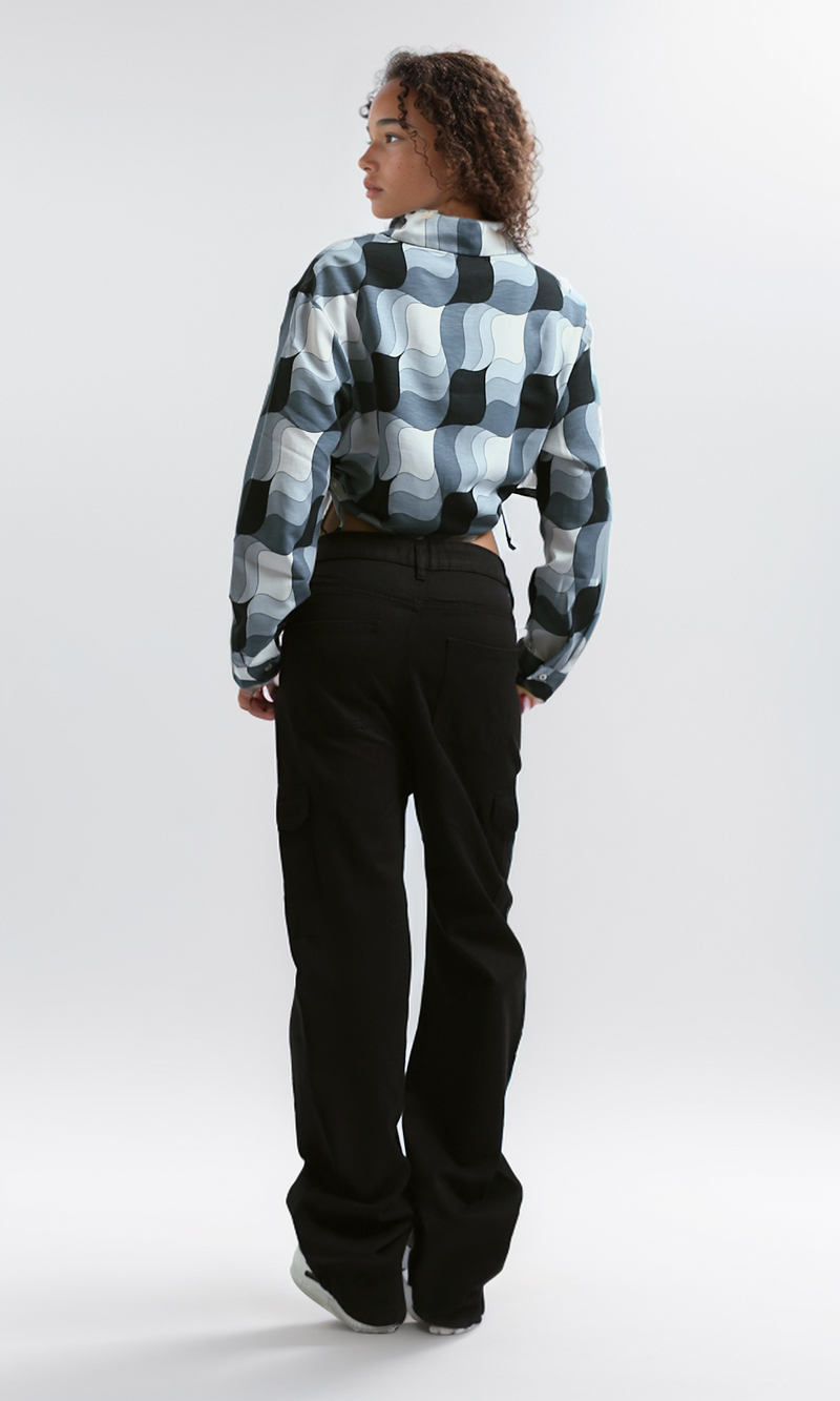 O191216 Side Drawstring Cropped Shirt Long Sleeves - Black & White