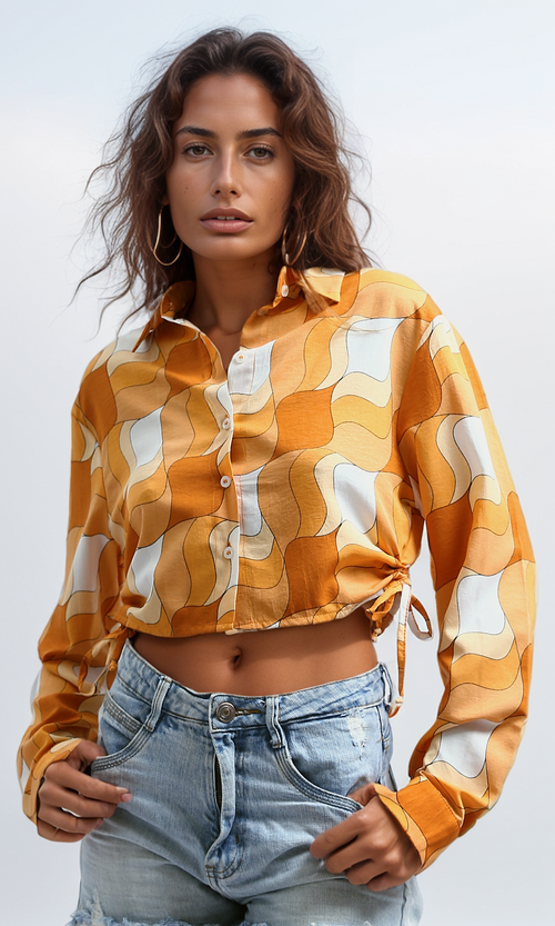 O191217 Summer Patterned Shirt Button Turn Down Collar - Orange & White