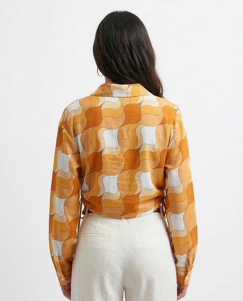 Ravin Retro-Wave Cropped Drawstring Shirt - Orange & White - O191217