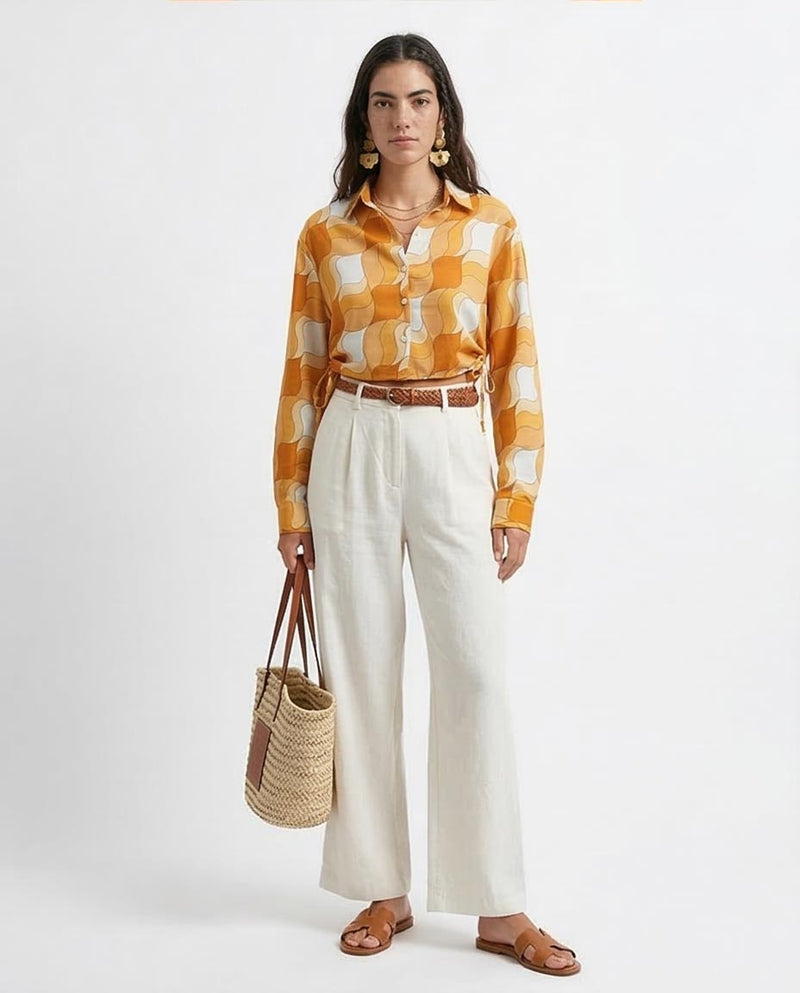 Ravin Retro-Wave Cropped Drawstring Shirt - Orange & White - O191217