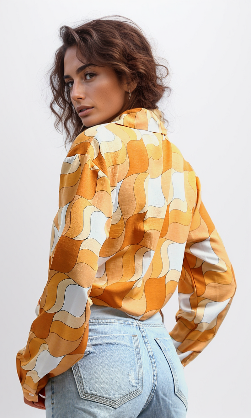 O191217 Summer Patterned Shirt Button Turn Down Collar - Orange & White