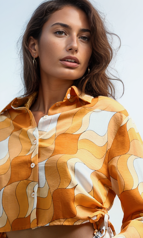 O191217 Summer Patterned Shirt Button Turn Down Collar - Orange & White