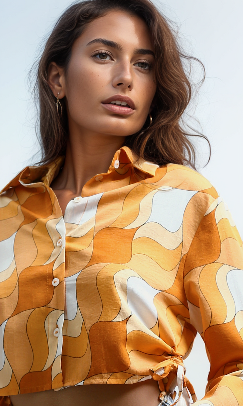 O191217 Summer Patterned Shirt Button Turn Down Collar - Orange & White