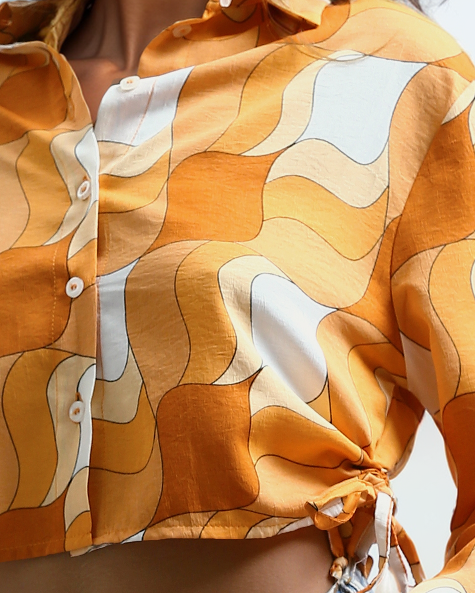 Ravin Retro-Wave Cropped Drawstring Shirt - Orange & White - O191217